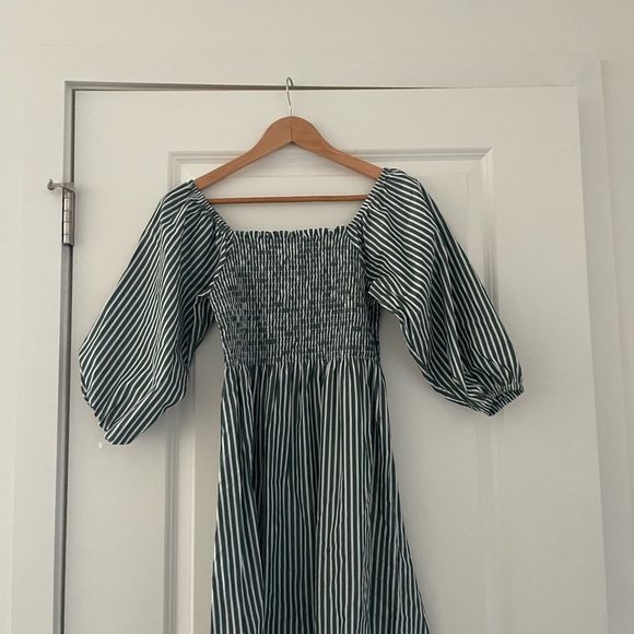 Maxwell & Geraldine Charlotte Smocked Striped Midi Dress Forest Green - Picture 8 of 10